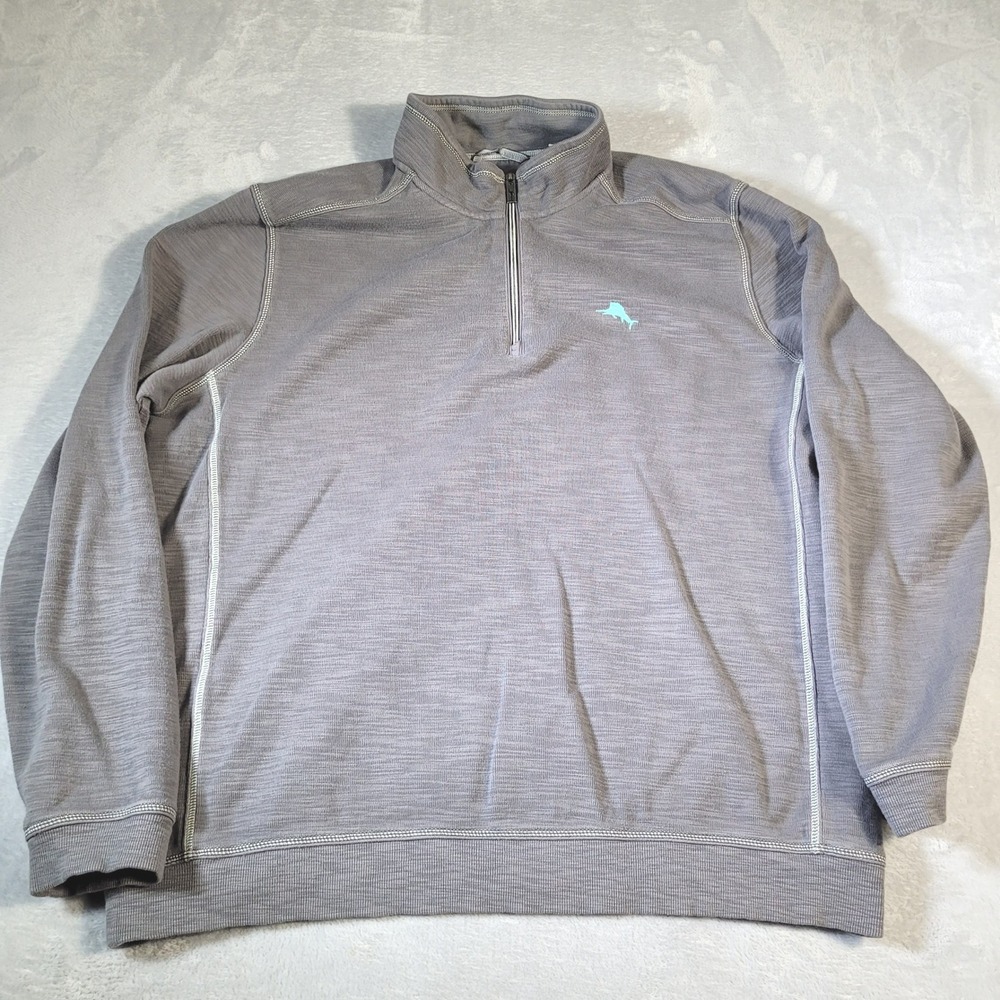 Tommy Bahama Pullover Mens 2XLT Gray Quarter Zip Pima Cotton Tencel Marlin Logo